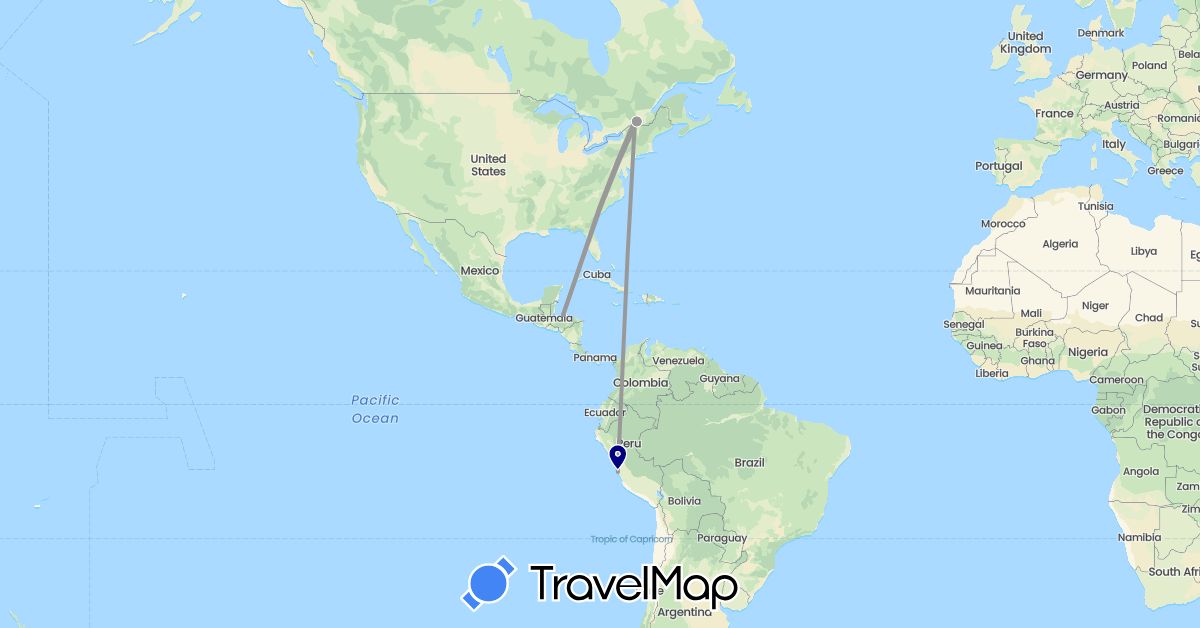 TravelMap itinerary: driving, plane in Canada, Honduras, Peru (North America, South America)